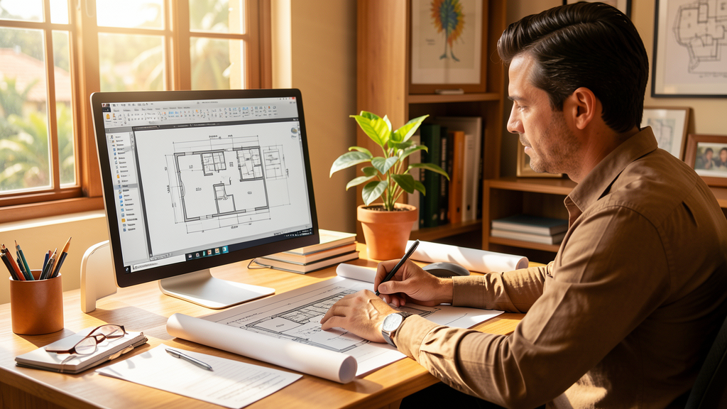Engenheiro brasileiro trabalhando em projeto AutoCAD 2026 com plantas seguindo normas ABNT