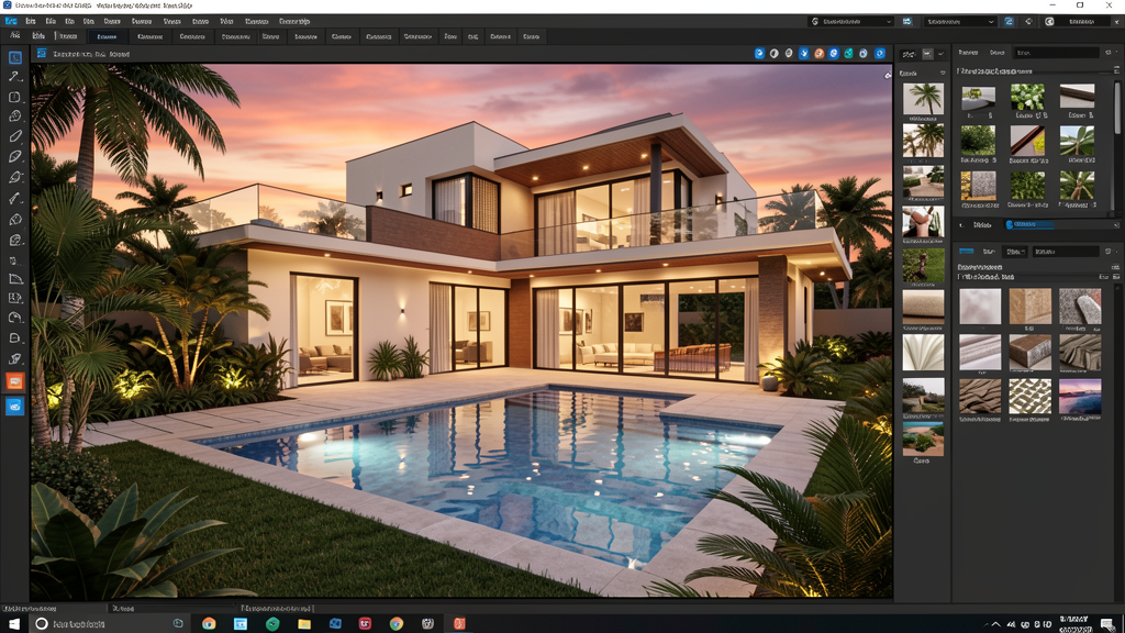 Render fotorrealista de casa moderna brasileira produzido no Lumion 2026 com biblioteca de materiais e vegetacao
