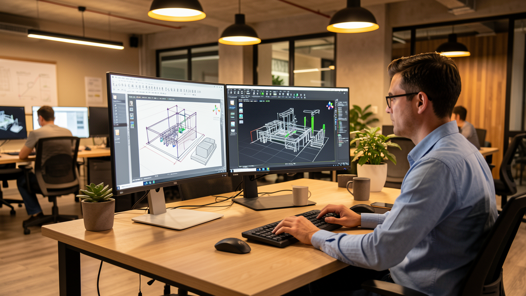 Interface do Revit 2026 mostrando modelo 3D BIM com elementos arquitetonicos, estruturais e MEP coordenados
