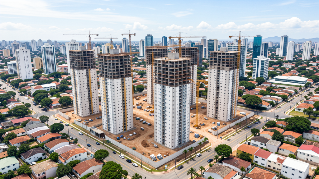 Vista aérea de empreendimentos imobiliários em construção no Brasil, torres residenciais e obras civis