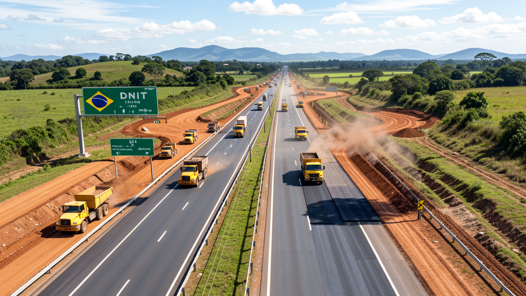 Obras rodoviárias no Brasil com máquinas pesadas e sinalização de construção