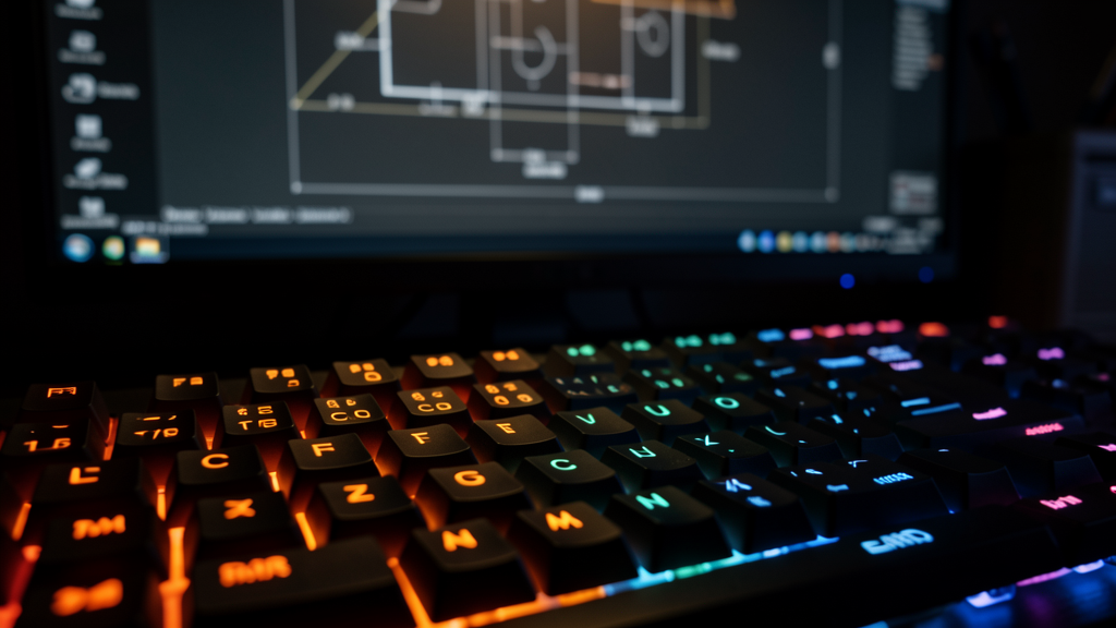 Teclado com destaques dos principais atalhos do AutoCAD para desenho e edição