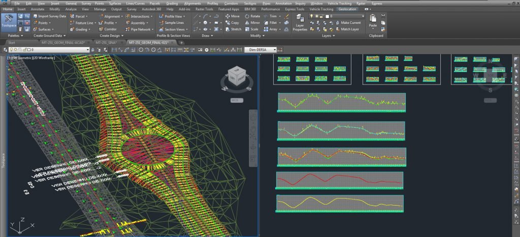 Interface do AutoCAD Civil 3D mostrando ferramentas de projeto de infraestrutura