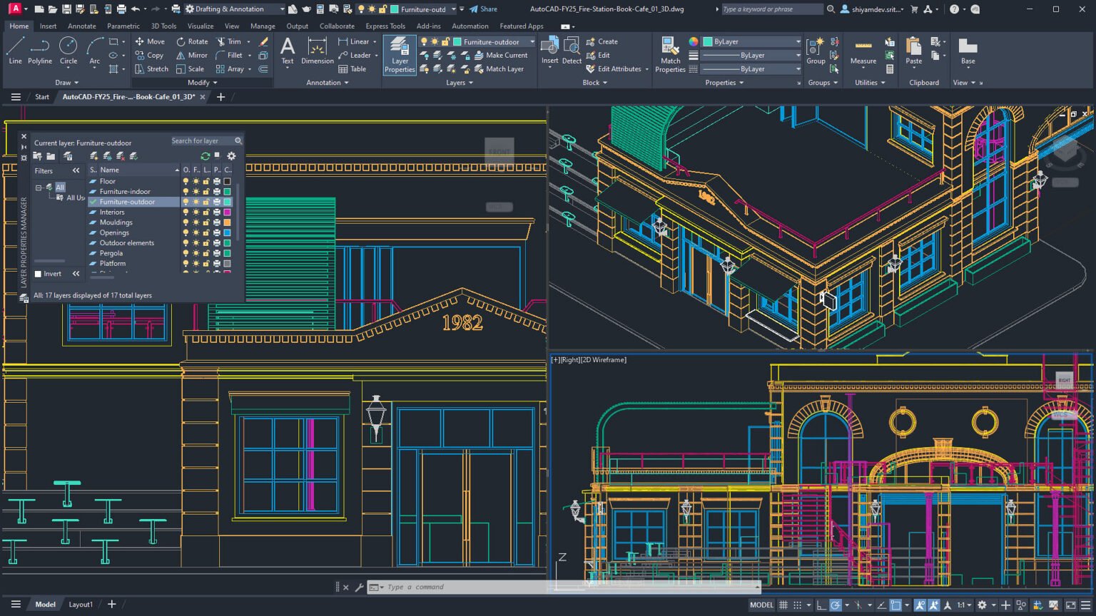 Comparação visual de projetos AutoCAD em diferentes fases de detalhamento